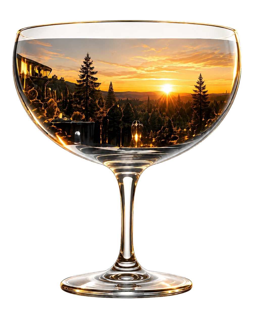 Coupe de champagne dans laquelle se reflète le paysage de La Sapinière au coucher du soleil