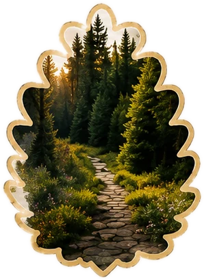 Sentier de pierres dans la forêt au soleil couchant