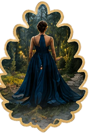 Invitée en grande robe bleu nuit de dos dans la forêt illuminée