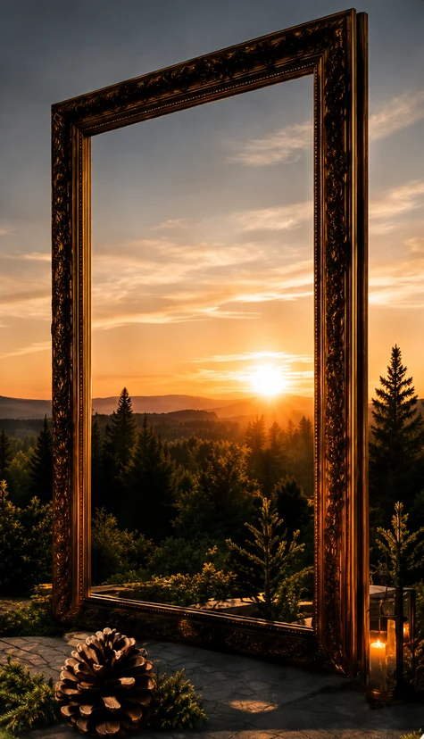 Grand cadre doré dressé devant le coucher de soleil sur la forêt