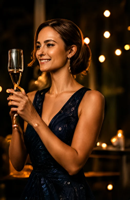 Invitée souriante levant une flûte de champagne