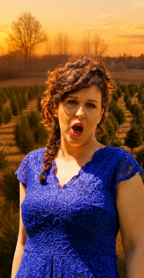Chanteuse d’opéra en plein chant au milieu d’un champ de sapins, au coucher du soleil