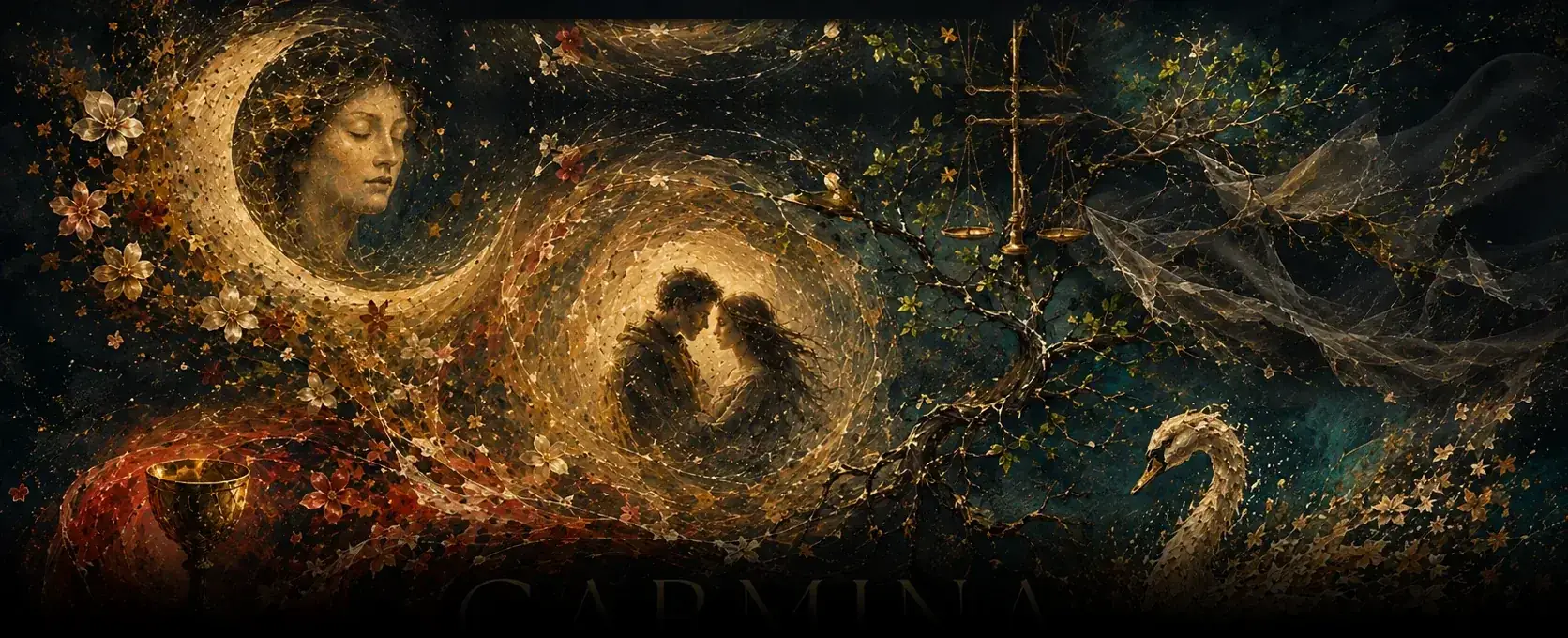 Affiche de Carmina Burana : le visage de Fortuna dans une lune dorée, deux amoureux dans un tourbillon de lumière, un cygne qui se défait en feuilles d’automne, une balance et un voile noir.