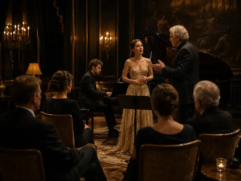 Une chanteuse travaille son air devant un professeur invité, dans un salon éclairé à la bougie.
