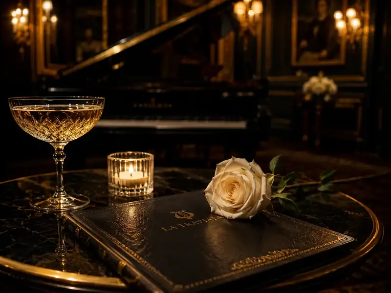 Une partition reliée et une coupe de champagne posées près d'un piano à queue, dans un salon éclairé à la bougie.