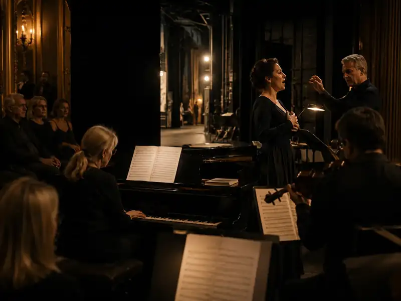 Une chanteuse travaille avec un chef, au piano, lors d'une répétition en coulisses.